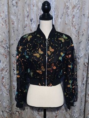 Black Sequin Butterfly Bomber Jacket - Women's Cropped Fashion Bomber